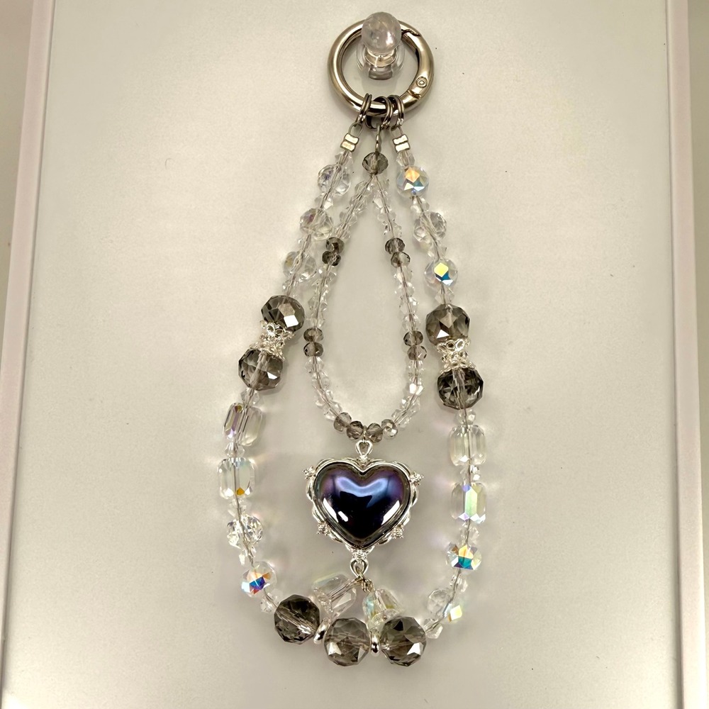 Black Heart Phone Wristlet Charm Crystal Beaded Gothic Purse Bag Keychain Strap
